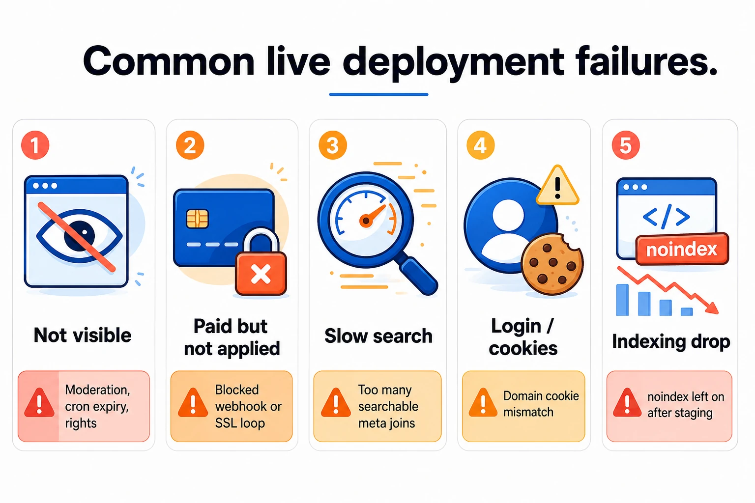 Common live Osclass failures: invisible listings, unpaid promotions, slow search, cookie issues, indexing drops