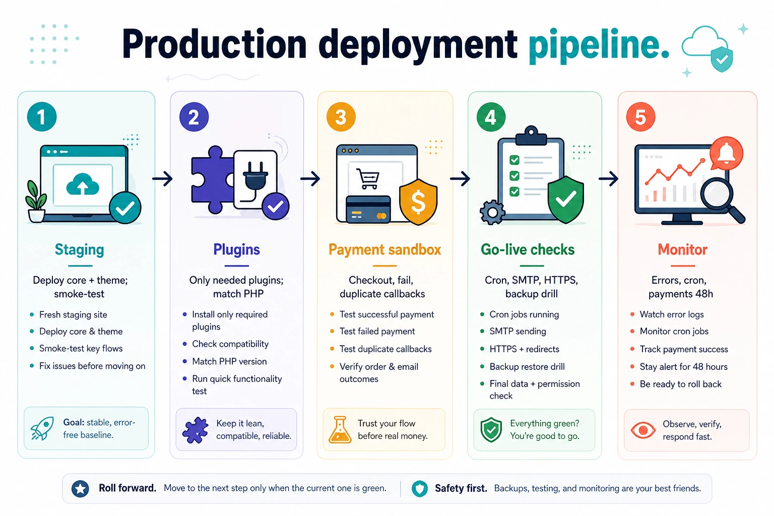 Production classifieds deployment pipeline from staging through payment sandbox to go-live
