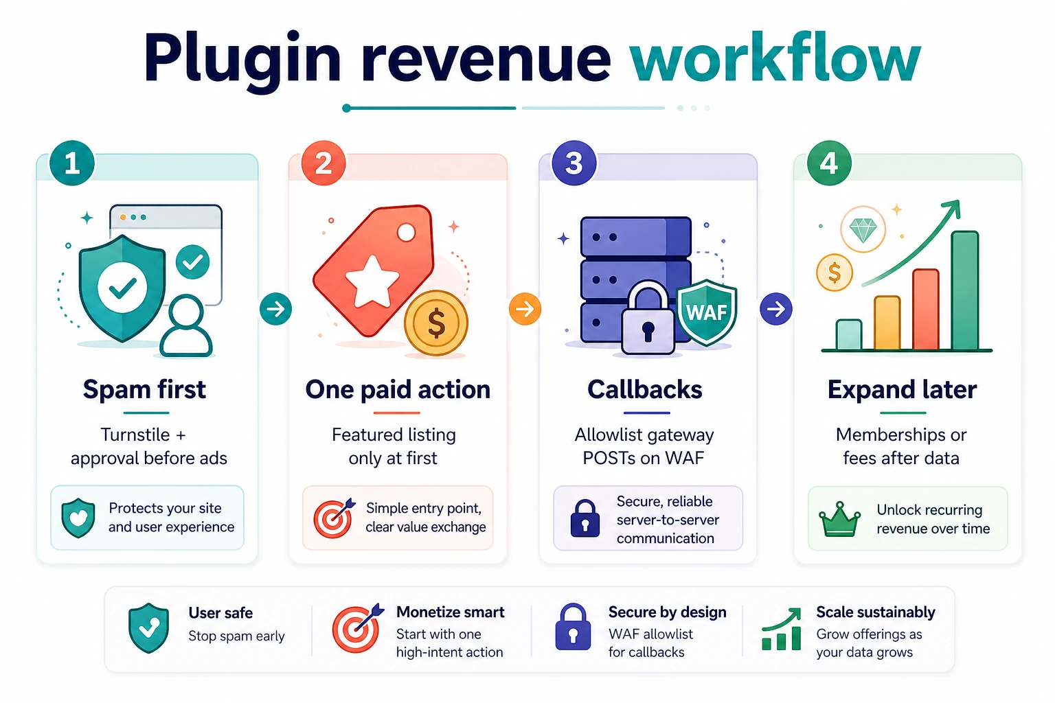 Plugin revenue workflow: spam controls first, one paid action, payment callbacks, then expand fees