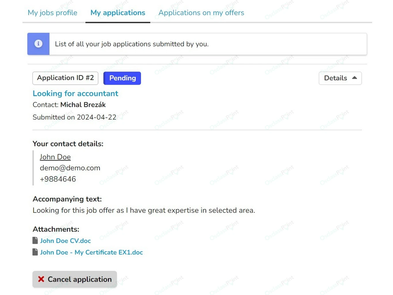 On-site job applications list with pending status and attachments