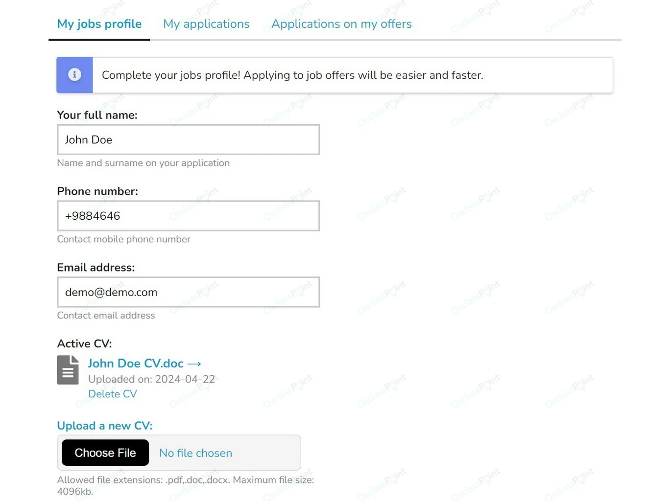 Candidate profile fields with CV upload