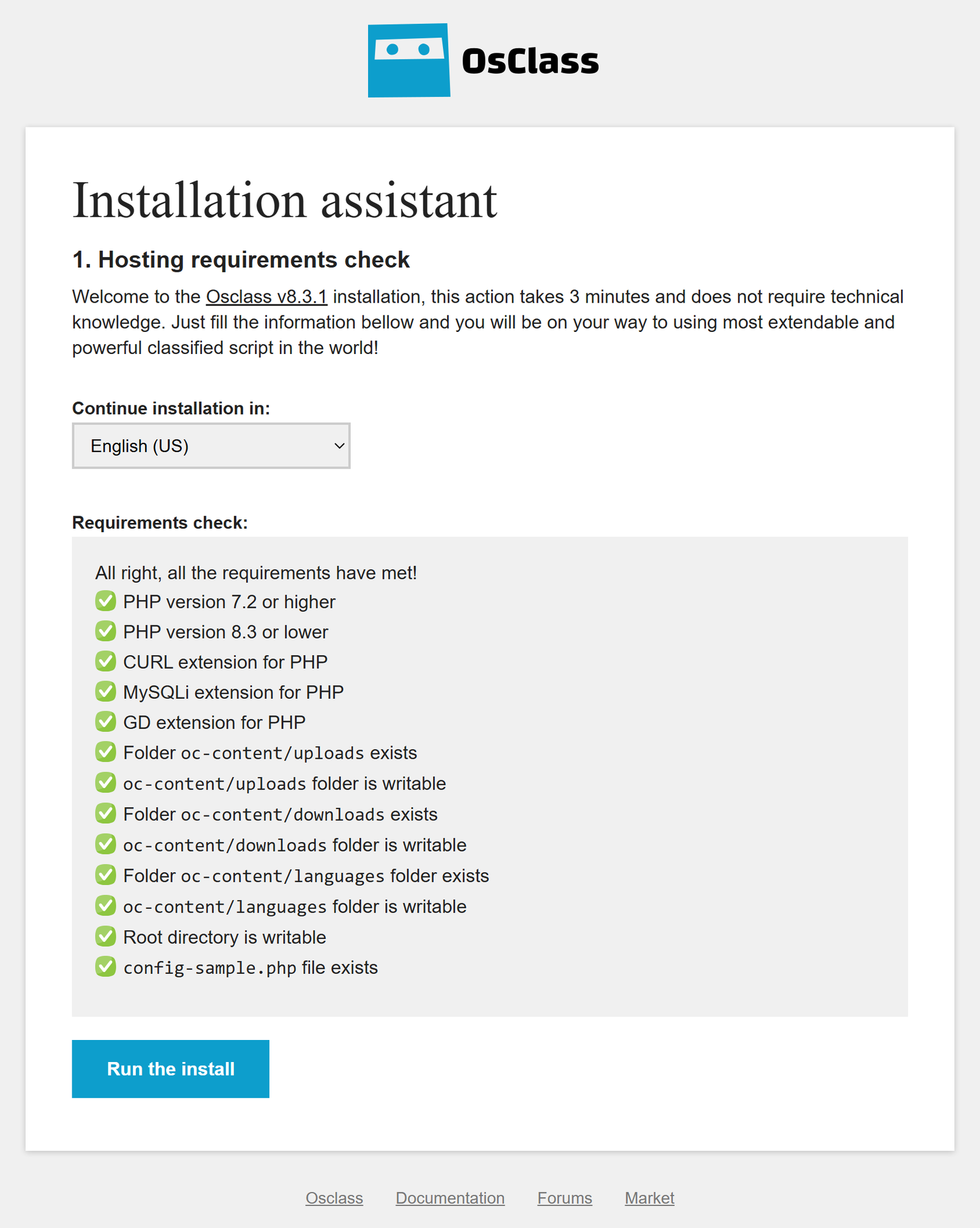 Osclass web installer requirements check screen for a new job board install