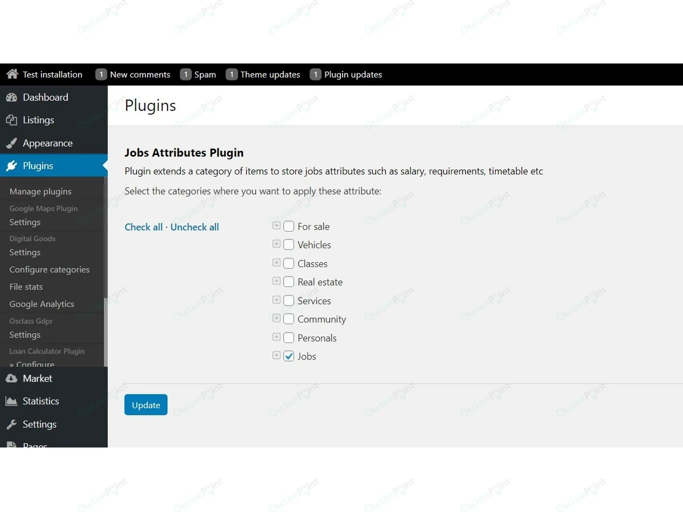 Enable job fields on selected categories in oc-admin
