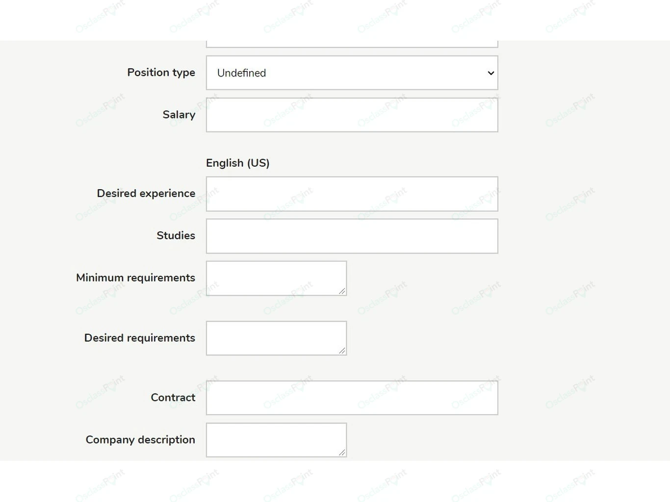 Job attribute fields: salary, experience, studies, and requirements