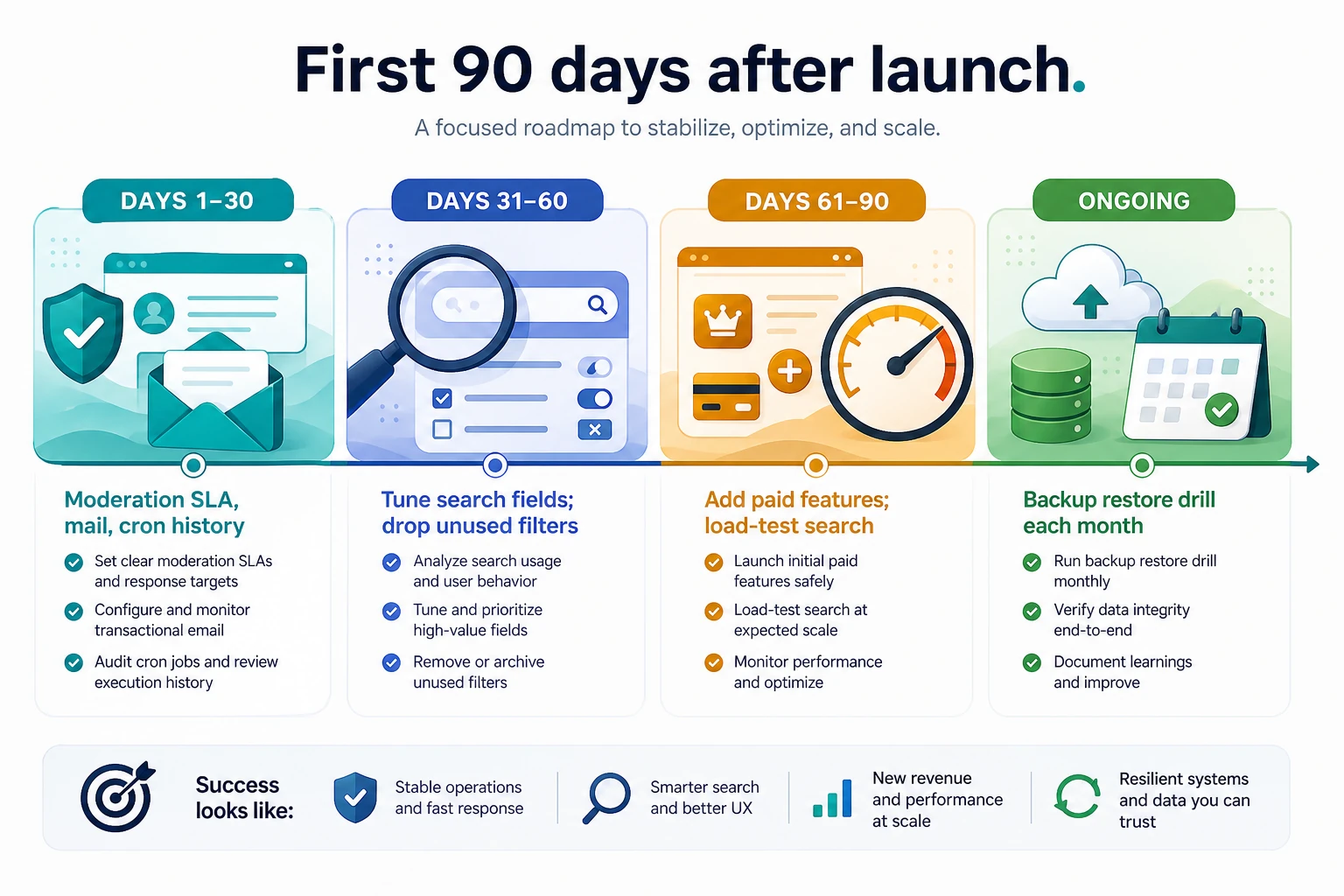 First 90 days after launching a successful Osclass classifieds site: moderation, search, paid features, load testing