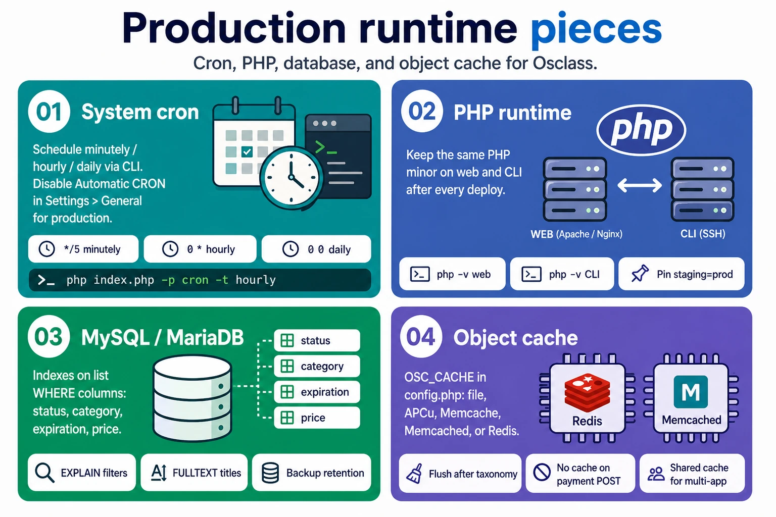 Production cron, PHP runtime, MySQL, and optional Memcache or Redis cache for Osclass