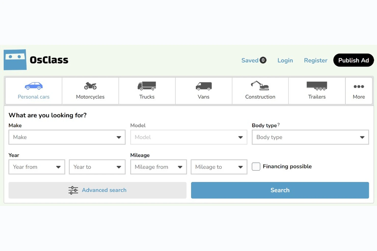 Recommended search box on automotive classifieds with vehicle type tabs, make and model filters, year and mileage ranges