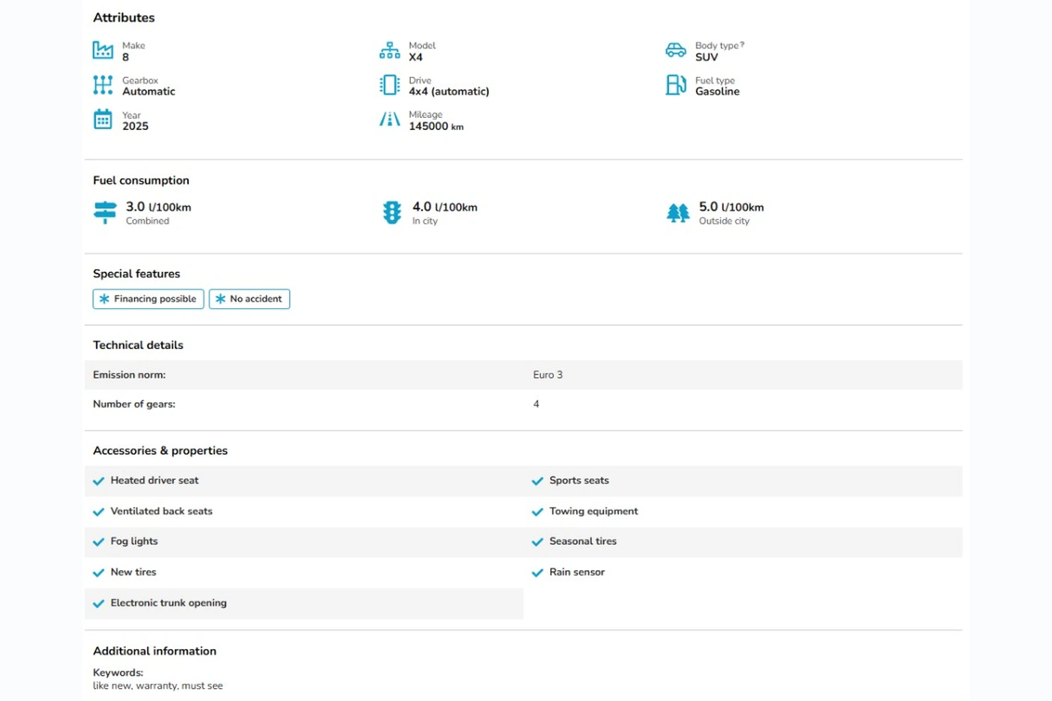 Vehicle listing attribute sections: specs grid, fuel consumption, special features, technical details and accessories