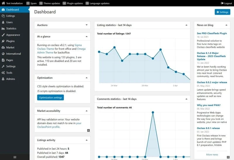 oc-admin dashboard with listings stats, categories, and tools widgets