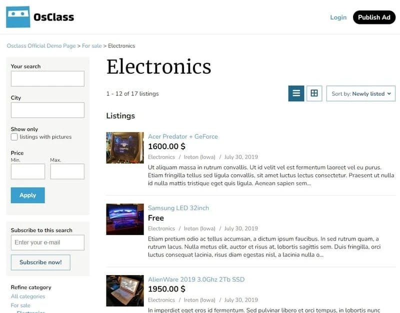 Sigma theme front office: listing grid, categories, and locations