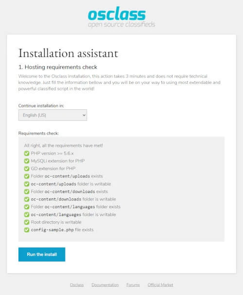 Osclass server requirements check during installation