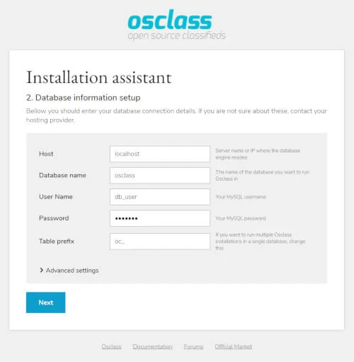 Enter MySQL database details in the Osclass installer