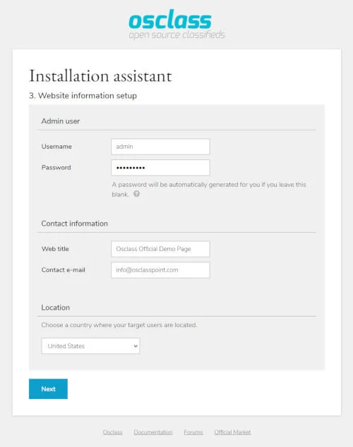 Configure admin user and website settings in Osclass