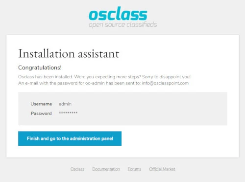 Osclass installation finished successfully screen