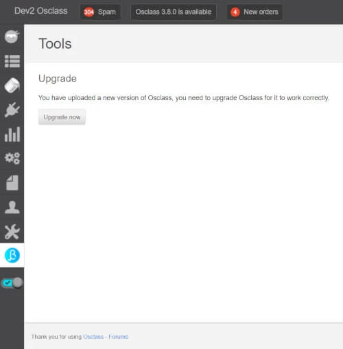 Osclass one-click upgrade process in the admin panel